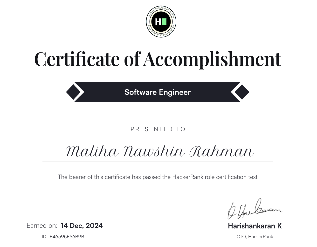 HackerRank Certified Software Engineer